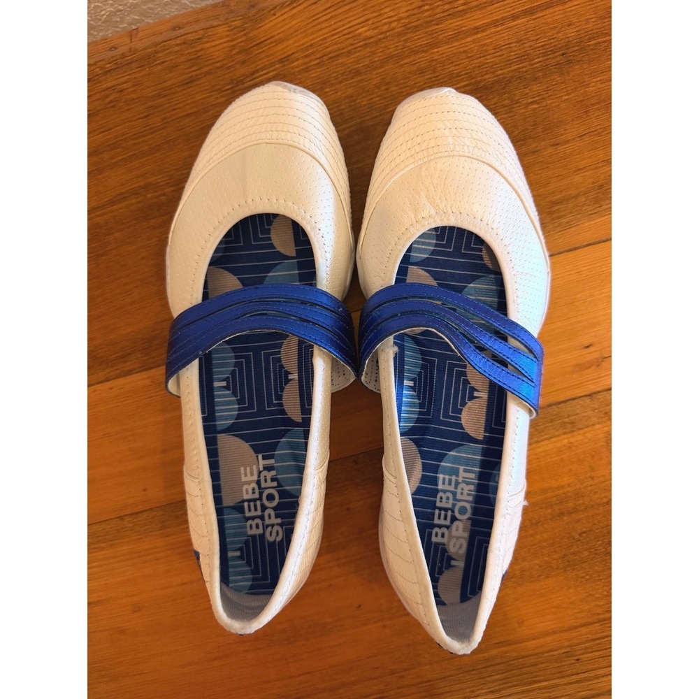 Y2K Bebe Sport Womens White Blue Leather Mary Jane Ballet Flats 8 Puma Sporty - Picture 2 of 11